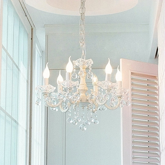 Rustic Metal Candle Suspension Lamp With Crystal Draping - White Corridor Chandelier 6 /