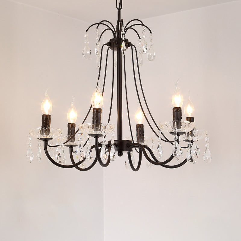 Retro Metallic Black Chandelier With Crystal Pendant - Elegant Swooping Arm Lighting Fixture