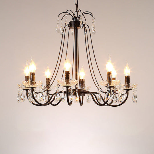 Retro Metallic Black Chandelier With Crystal Pendant - Elegant Swooping Arm Lighting Fixture