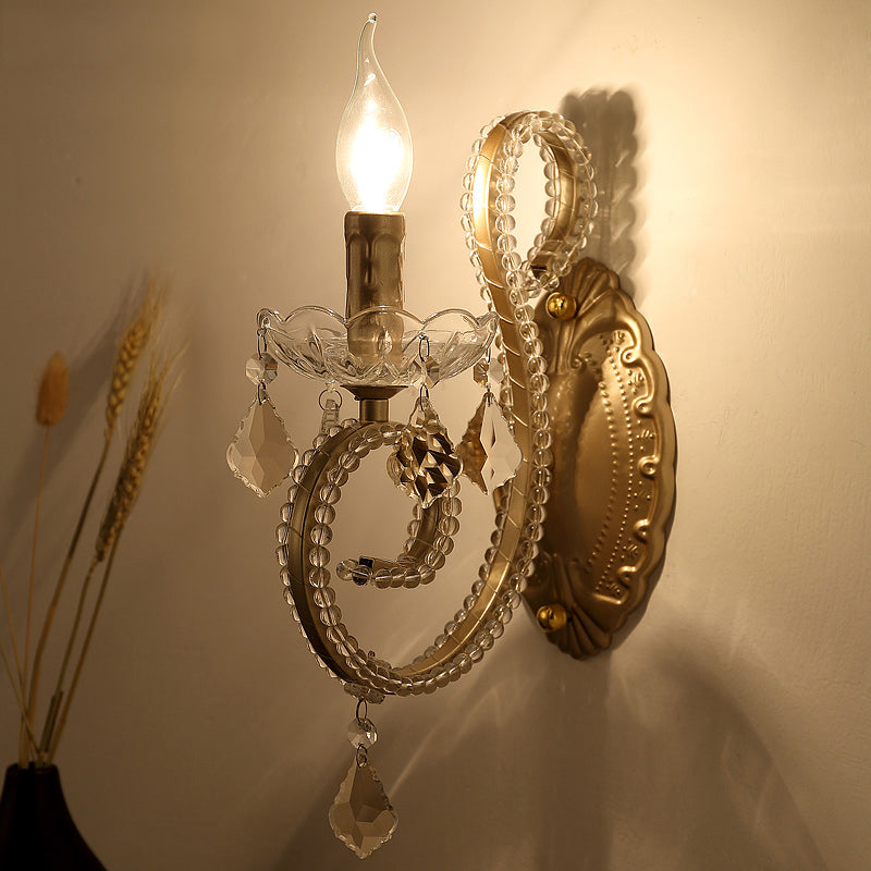 Brass Scrolled Arm Wall Lighting With Dropping Crystals - Traditional Metal Mount Fixture 1 /