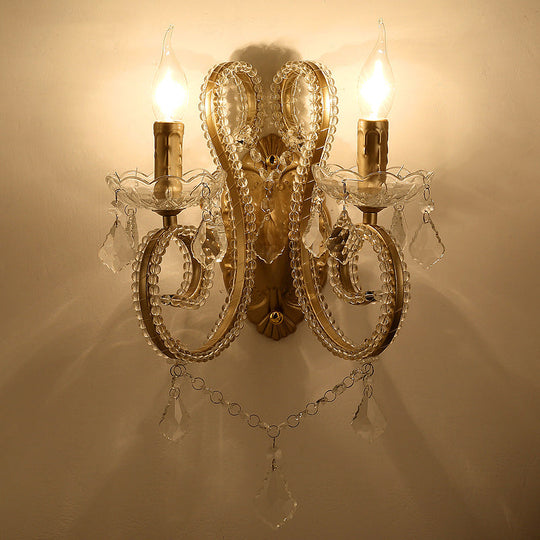 Brass Scrolled Arm Wall Lighting With Dropping Crystals - Traditional Metal Mount Fixture 2 /