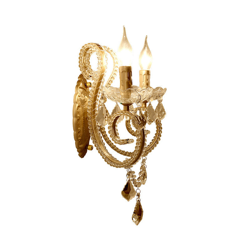 Brass Scrolled Arm Wall Lighting With Dropping Crystals - Traditional Metal Mount Fixture