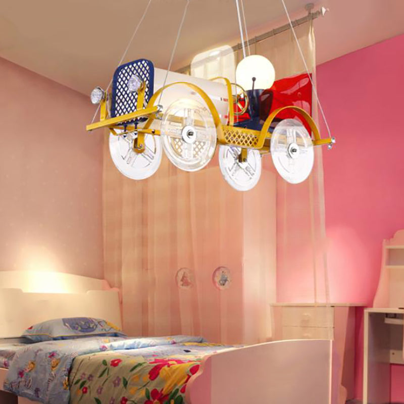 Yellow Car Pendant Light With Driver Cartoon Chandelier - Perfect For Baby Room!