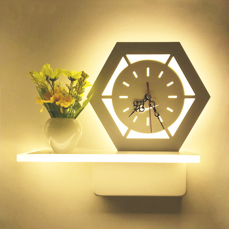 Modern Acrylic Wall Sconce With Shelf For Restaurant And Cafe - White Light / Clock