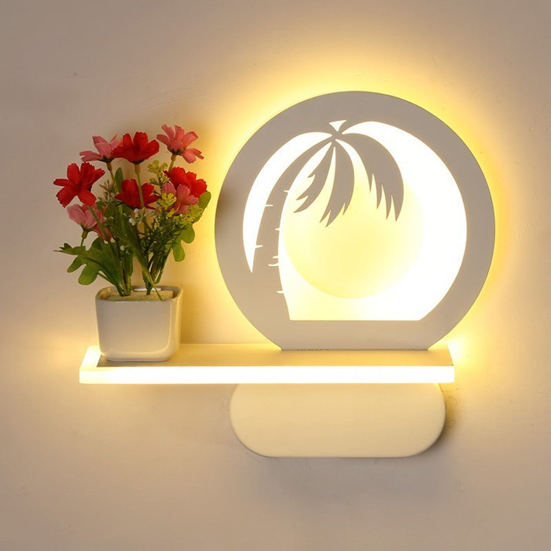 Romantic White Study Room Wall Lamp With Shelf And Acrylic Finish / Coconut Tree