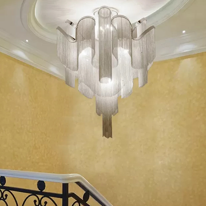 Modern Aluminum Tiered Tassel Semi Flush LED Ceiling Lamp for Living Room