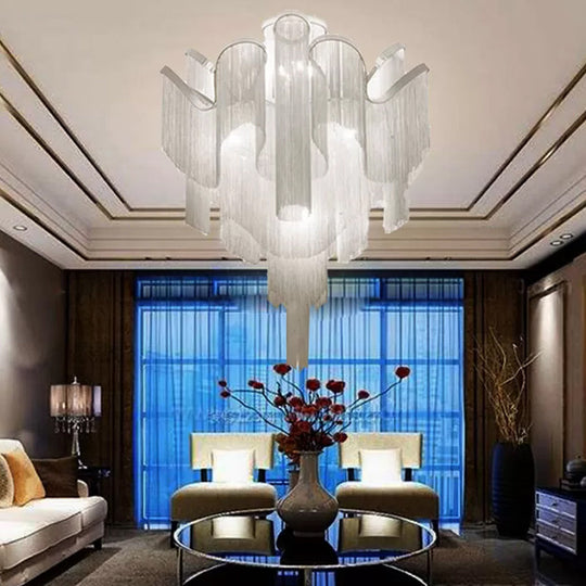 Modern Aluminum Tiered Tassel Semi Flush LED Ceiling Lamp for Living Room