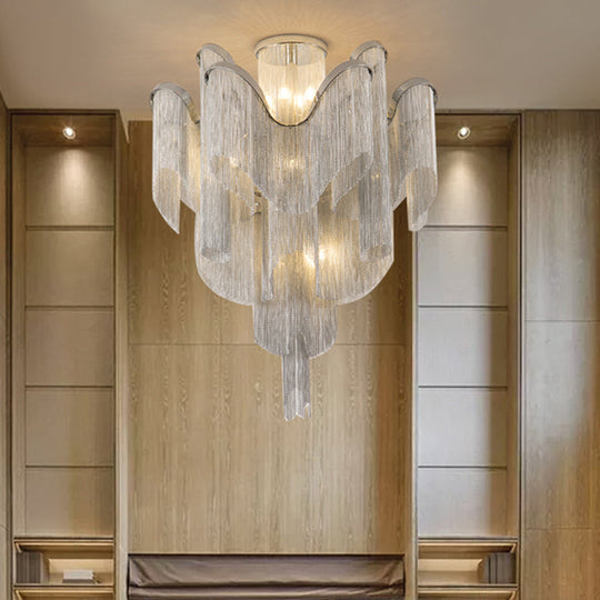 Modern Aluminum Tiered Tassel Semi Flush LED Ceiling Lamp for Living Room