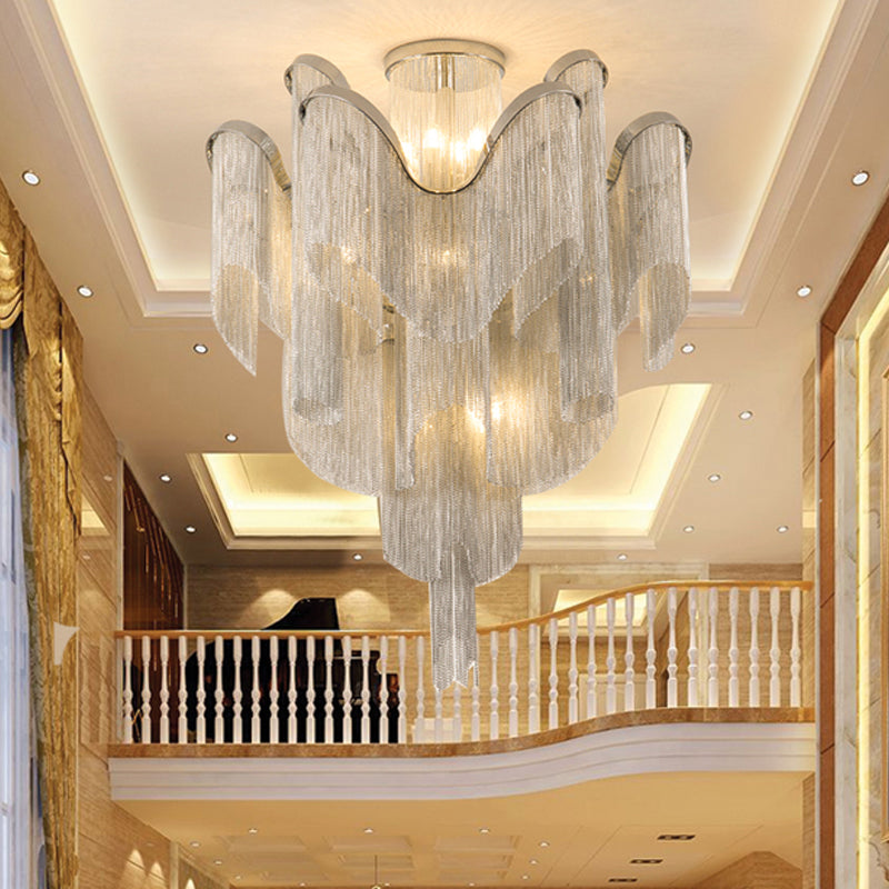 Modern Aluminum Tiered Tassel Semi Flush LED Ceiling Lamp for Living Room