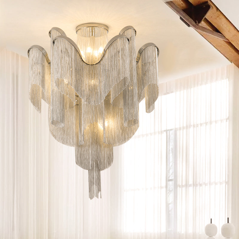 Modern Aluminum Tiered Tassel Semi Flush LED Ceiling Lamp for Living Room