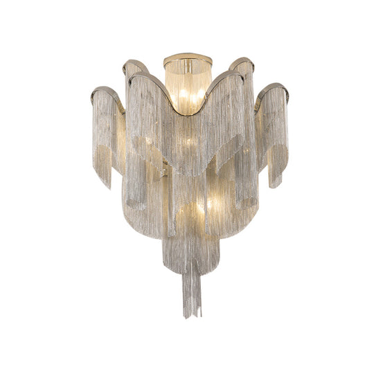 Modern Aluminum Tiered Tassel Semi Flush LED Ceiling Lamp for Living Room