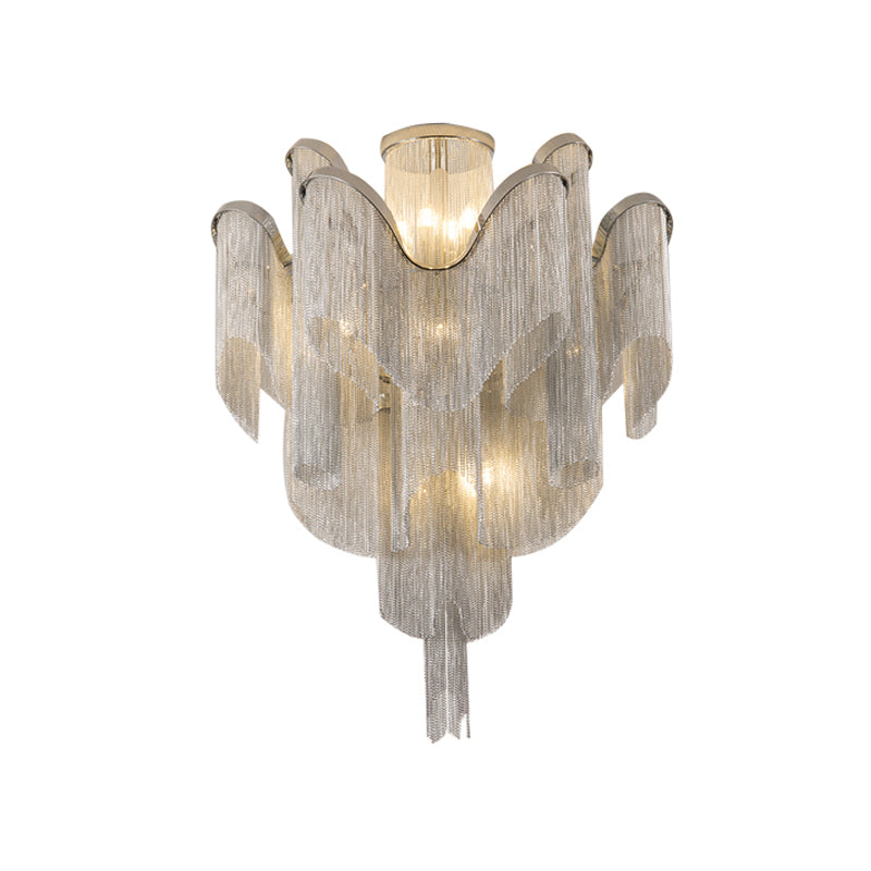 Modern Aluminum Tiered Tassel Semi Flush Led Ceiling Lamp For Living Room