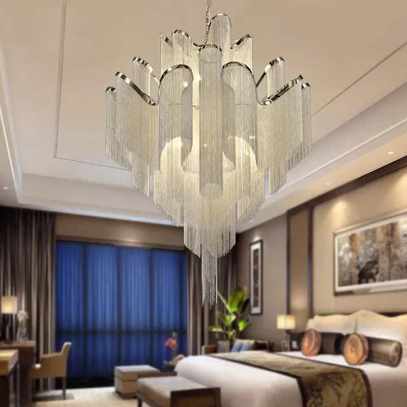 Modern Led Silver Bedroom Chandelier With Tiered Tassel Aluminum Shade / Small