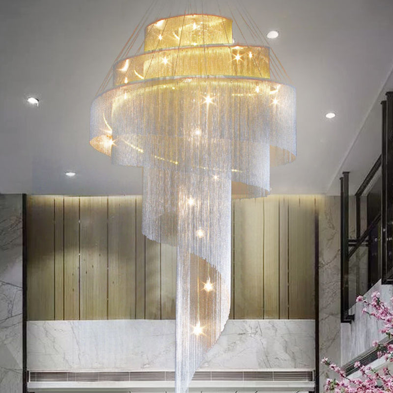 Sleek Aluminum Spiral Fountain Chandelier: Led Hanging Light For Modern Living Room Silver / Small