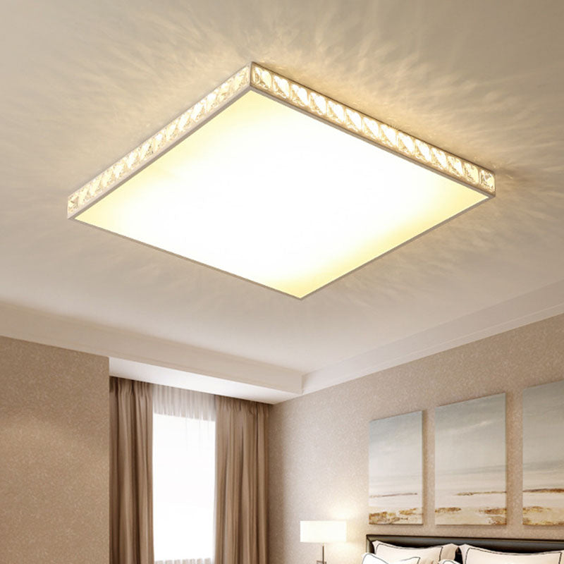 White Crystal Led Ceiling Lamp With Geometry Acrylic Shade - Bedroom Flush Mount Fixture