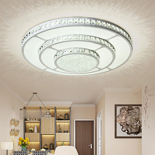 Modern Led Crystal Geometry Ceiling Lamp - White Flush Mount Light With 3-Tier Design / Medium Round