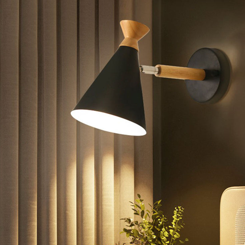 Contemporary Iron Conical Wall Lamp With Wood Top - Stylish Mounted 1-Bulb Lighting Solution Black