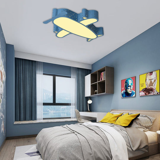 Blue Plane Kids' Bedroom Ceiling Light: Cartoon Acrylic Flush Mount Fixture