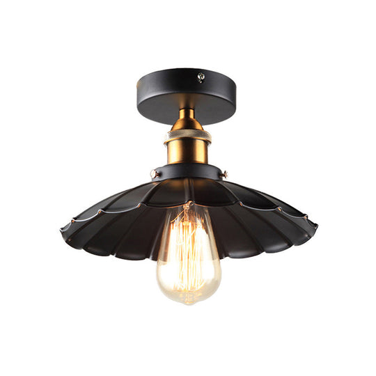 Sleek Black Tapered Iron Semi Mount Dining Room Ceiling Light - 1-Head / Small Scalloped