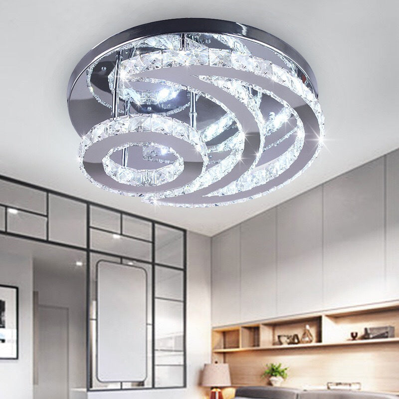 Contemporary LED Flush Ceiling Light: Chrome Moon Flush Mount with Clear Crystal Shade