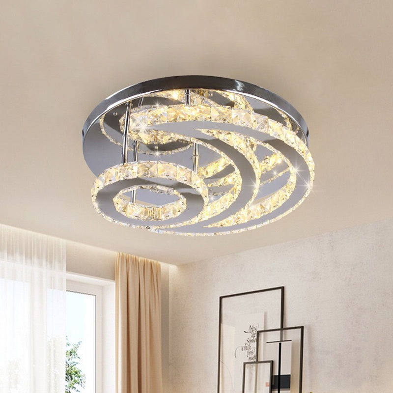 Contemporary Led Flush Ceiling Light: Chrome Moon Mount With Clear Crystal Shade