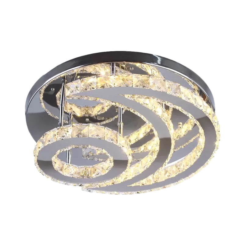 Contemporary Led Flush Ceiling Light: Chrome Moon Mount With Clear Crystal Shade