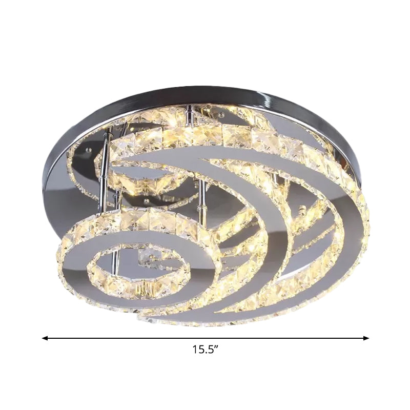 Contemporary Led Flush Ceiling Light: Chrome Moon Mount With Clear Crystal Shade