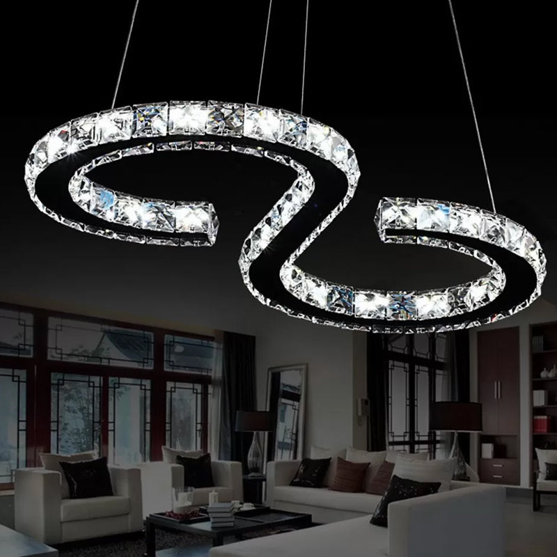 Led Stainless Steel Chandelier With Clear Crystal Curve Frame - Elegant Hanging Light For Living