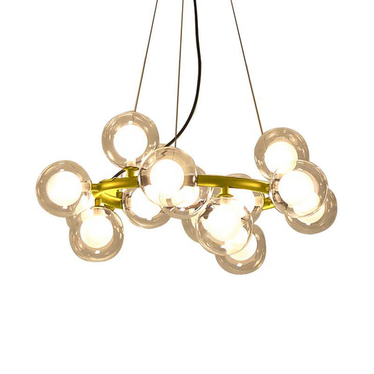 Modern Black/Gold Finish Glass 15/25-Bulb Global Shade Chandelier Lamp with Metal Ring - Ceiling Light Fixture