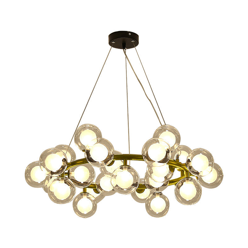 Modern Black/Gold Finish Glass 15/25-Bulb Global Shade Chandelier Lamp with Metal Ring - Ceiling Light Fixture