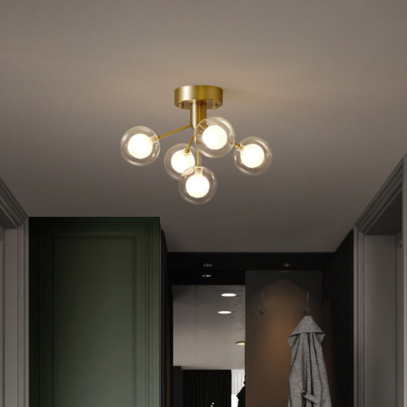 Modernist Dual Glass Molecular Semi-Flush Light With 5 Lights - Ideal For Corridors Brass