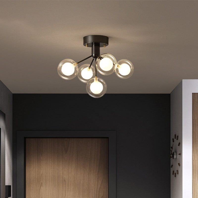 Modernist Dual Glass Molecular Semi-Flush Light With 5 Lights - Ideal For Corridors