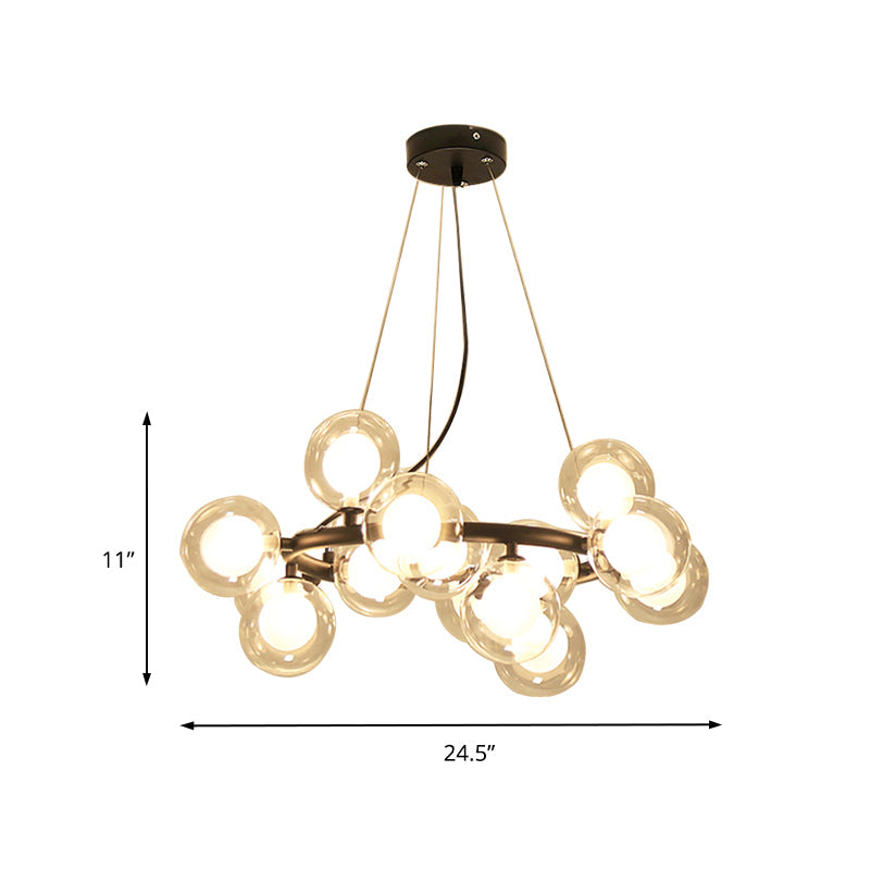 Modern Black/Gold Finish Glass 15/25-Bulb Global Shade Chandelier Lamp with Metal Ring - Ceiling Light Fixture