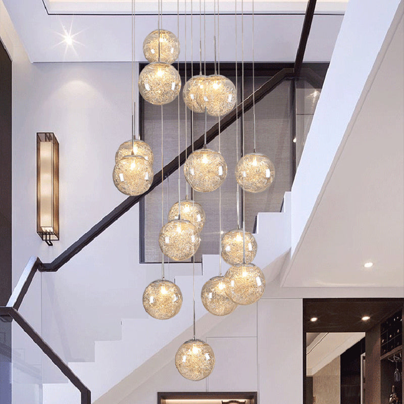 Sleek Chrome Hanging Lamp Kit - Clear Glass Spherical Multi Light Pendant For Stairs 15 /