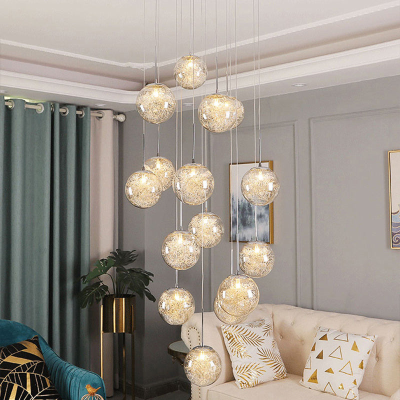 Clear Glass Spherical Multi Light Pendant Hanging Lamp  for Stairs