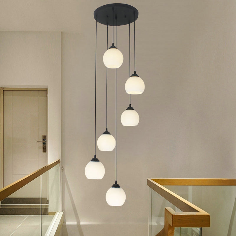 Spiral Milky Glass Multi Pendant Simple Hanging Ceiling Light in Black for Stairs