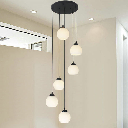 Spiral Milky Glass Multi Pendant Simple Hanging Ceiling Light in Black for Stairs