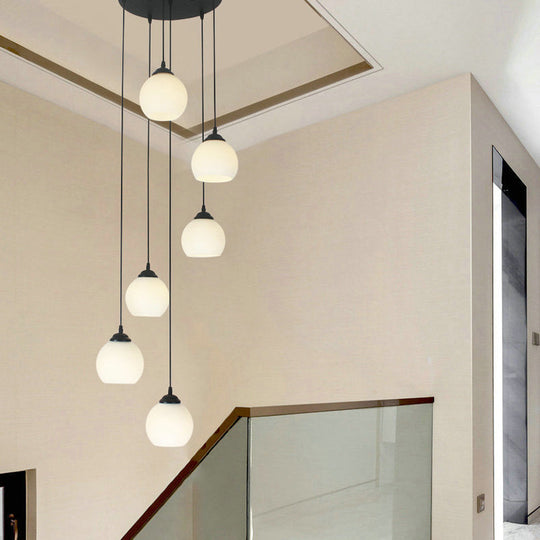 Spiral Milky Glass Multi Pendant Simple Hanging Ceiling Light in Black for Stairs