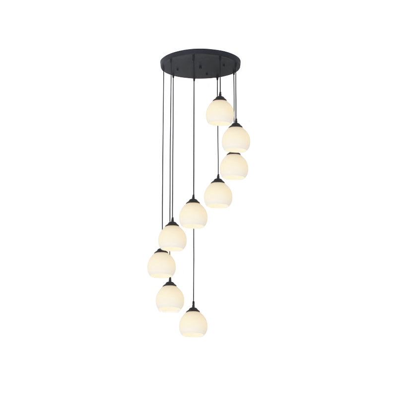 Spiral Milky Glass Multi Pendant Simple Hanging Ceiling Light in Black for Stairs