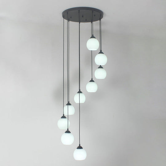 Spiral Milky Glass Multi Pendant Simple Hanging Ceiling Light in Black for Stairs