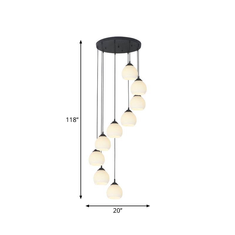 Spiral Milky Glass Multi Pendant Simple Hanging Ceiling Light in Black for Stairs