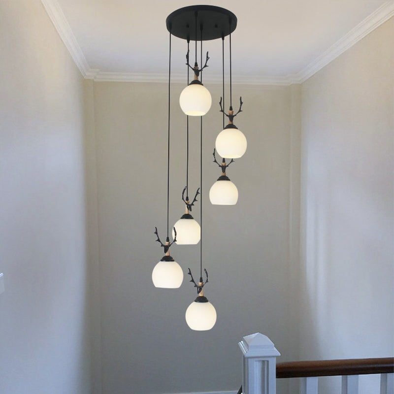 Spiral Milky Glass Multi Pendant Simple Hanging Ceiling Light in Black for Stairs