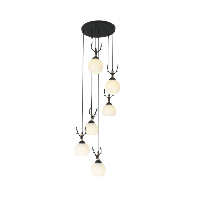 Spiral Milky Glass Multi Pendant Simple Hanging Ceiling Light in Black for Stairs