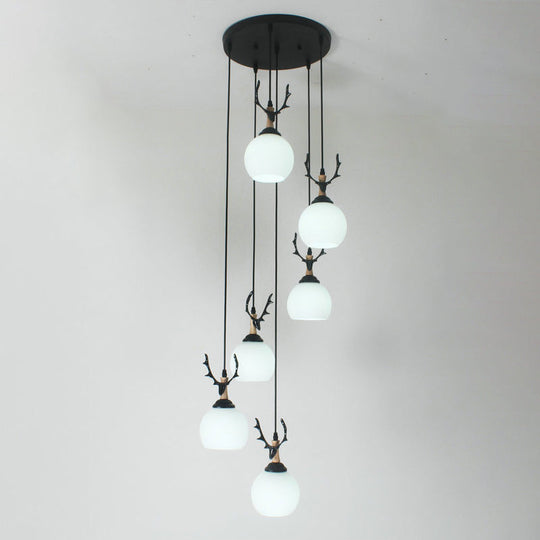 Spiral Milky Glass Multi Pendant Simple Hanging Ceiling Light in Black for Stairs