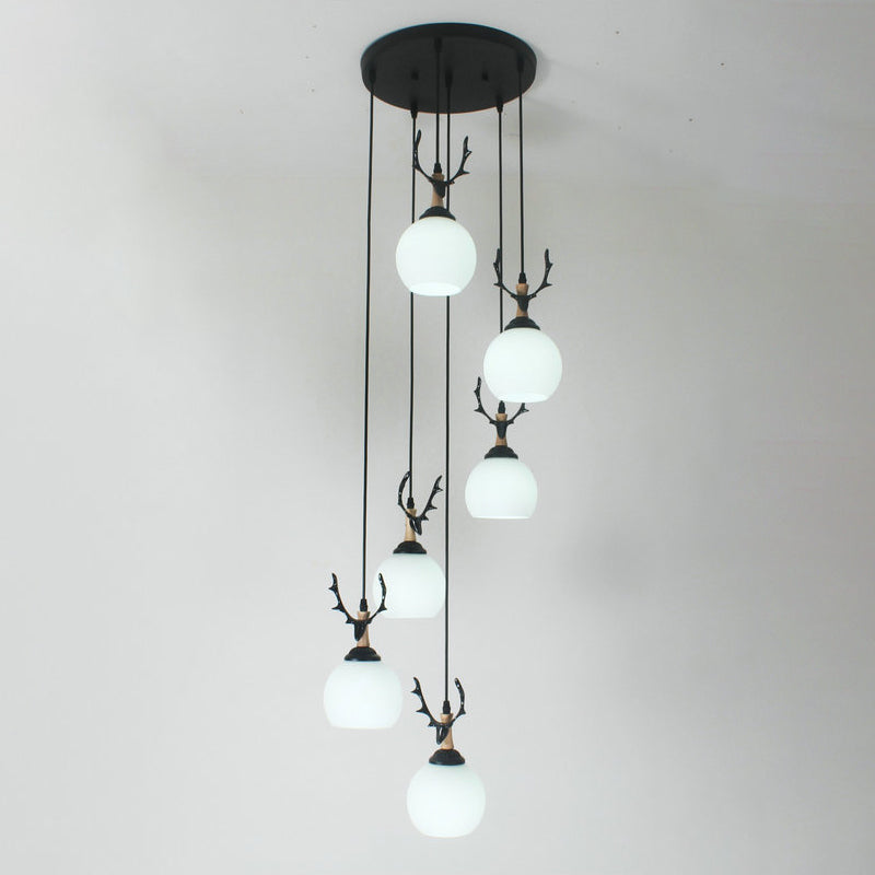 Black Milky Glass Spiral Multi Pendant Ceiling Light For Stairs