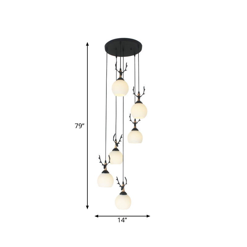 Spiral Milky Glass Multi Pendant Simple Hanging Ceiling Light in Black for Stairs