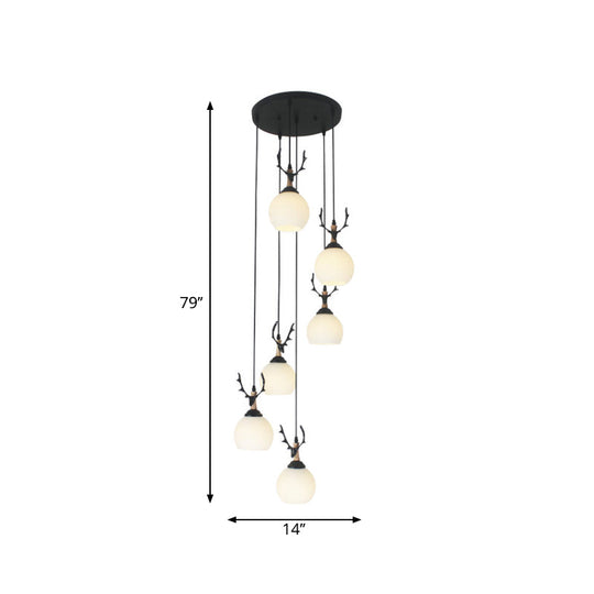 Spiral Milky Glass Multi Pendant Simple Hanging Ceiling Light in Black for Stairs