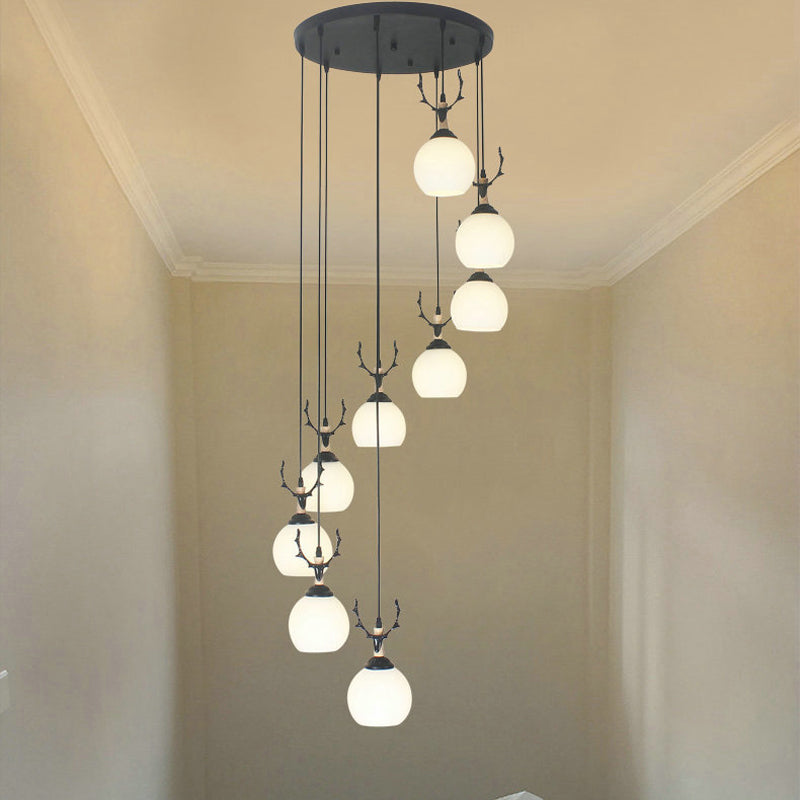 Spiral Milky Glass Multi Pendant Simple Hanging Ceiling Light in Black for Stairs