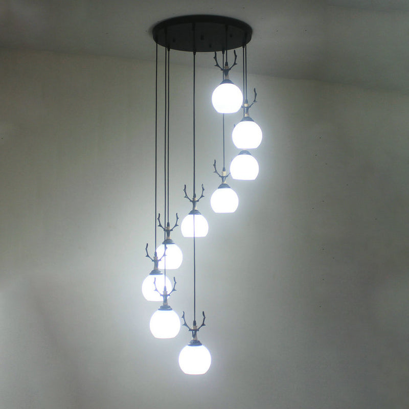 Spiral Milky Glass Multi Pendant Simple Hanging Ceiling Light in Black for Stairs