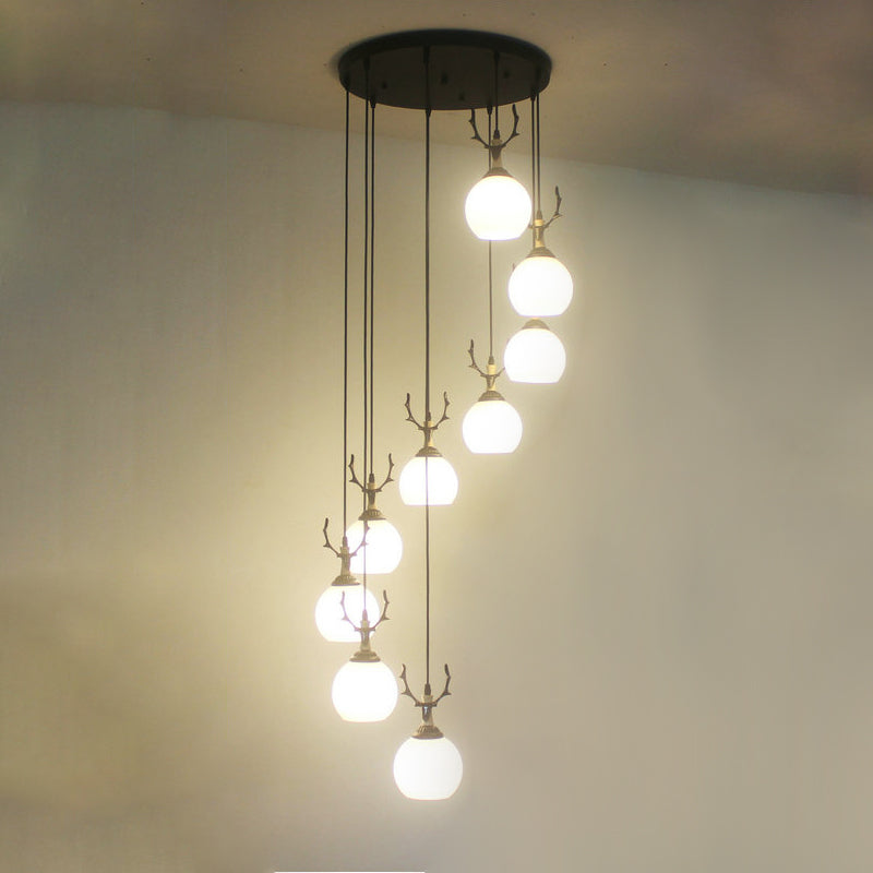 Spiral Milky Glass Multi Pendant Simple Hanging Ceiling Light in Black for Stairs